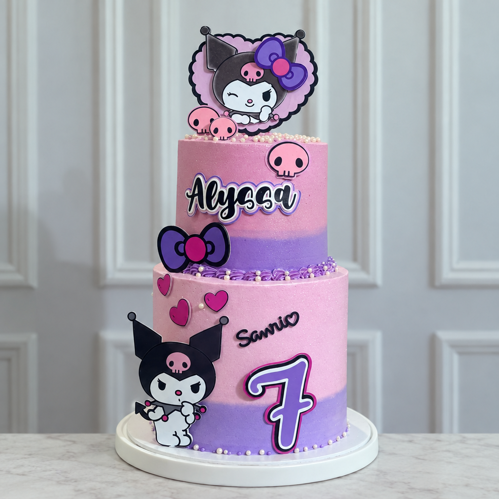 Caketopper Kuromi sobre pastel decorado